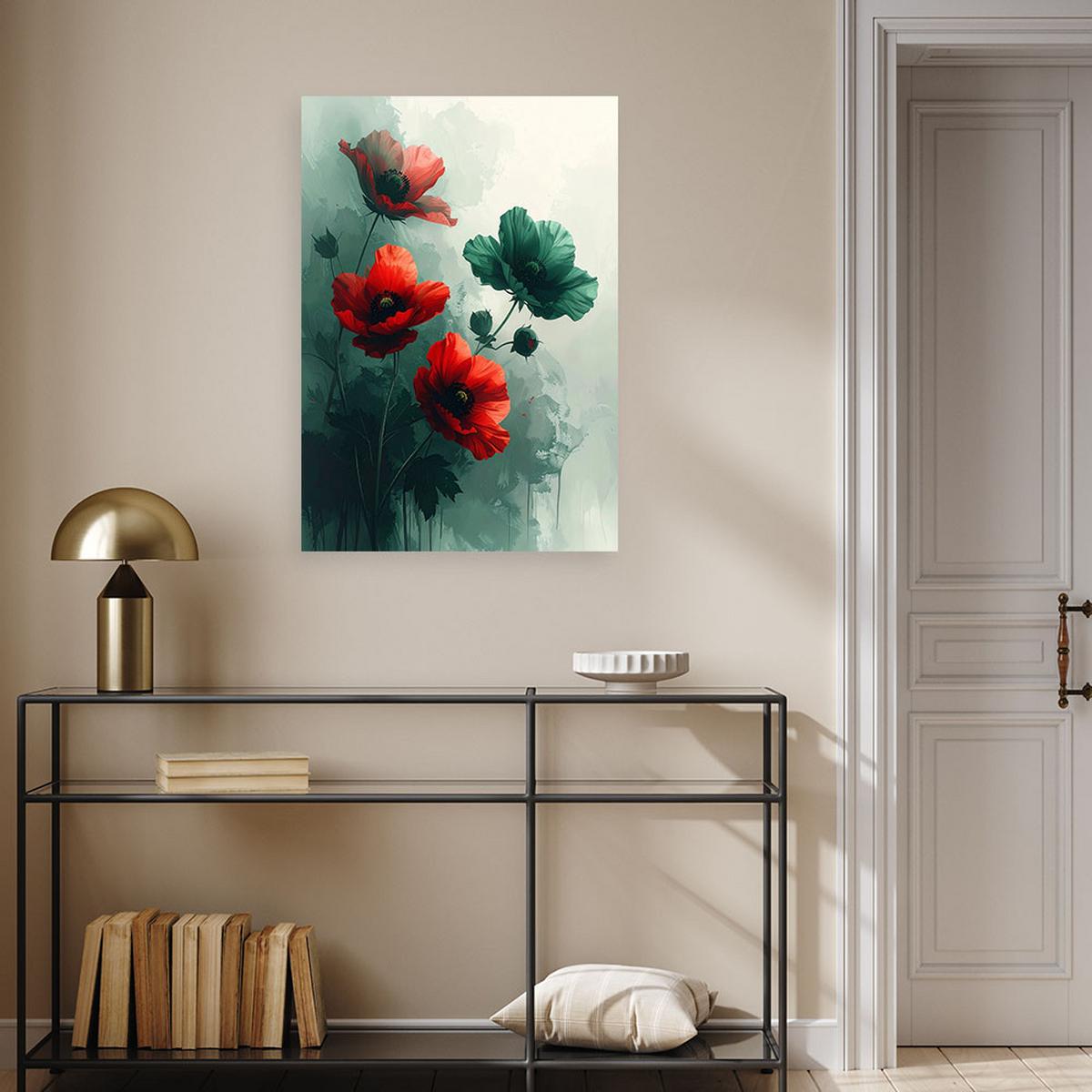 WANDBILD, Rot grüne botanische Blumen - Grün, Textil (20/30cm) - Feeby
