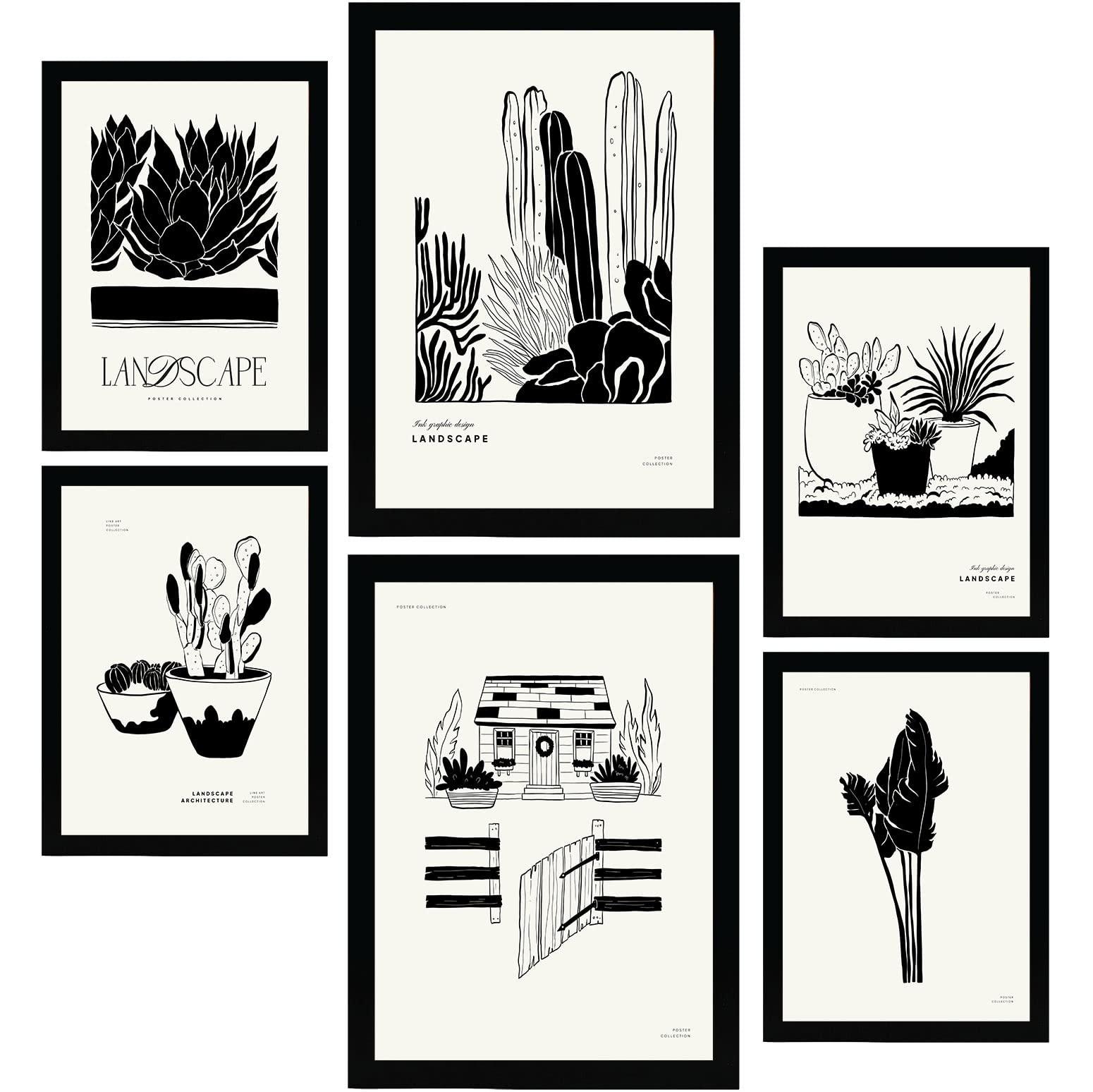 POSTER Set Mit 6 In Schwarzer Tinte Hinterhof Künstlerische Und Abstrakte Drucke Für Innenarchitektur A3 & A4 Schwarzer Rahmen - Schwarz, Papier (29/3cm) - Nacnic