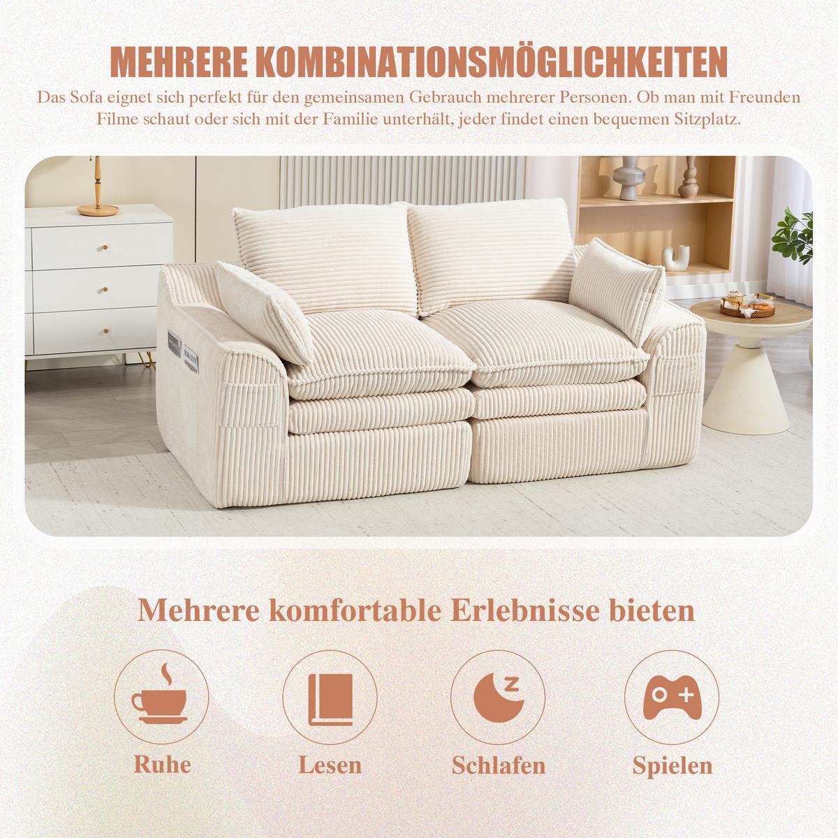 2-SITZER SOFA cordstoff mit seitentaschen & federkern - Beige, Textil (191/85/94cm) - Urban Meuble