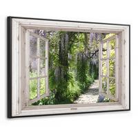 LEINWAND Bilder mit Rahmen - Blauer Regen - Blumen - Aussicht - Baum - Frühling - 90x60 - Grün, Textil (90/60cm) - MuchoWow
