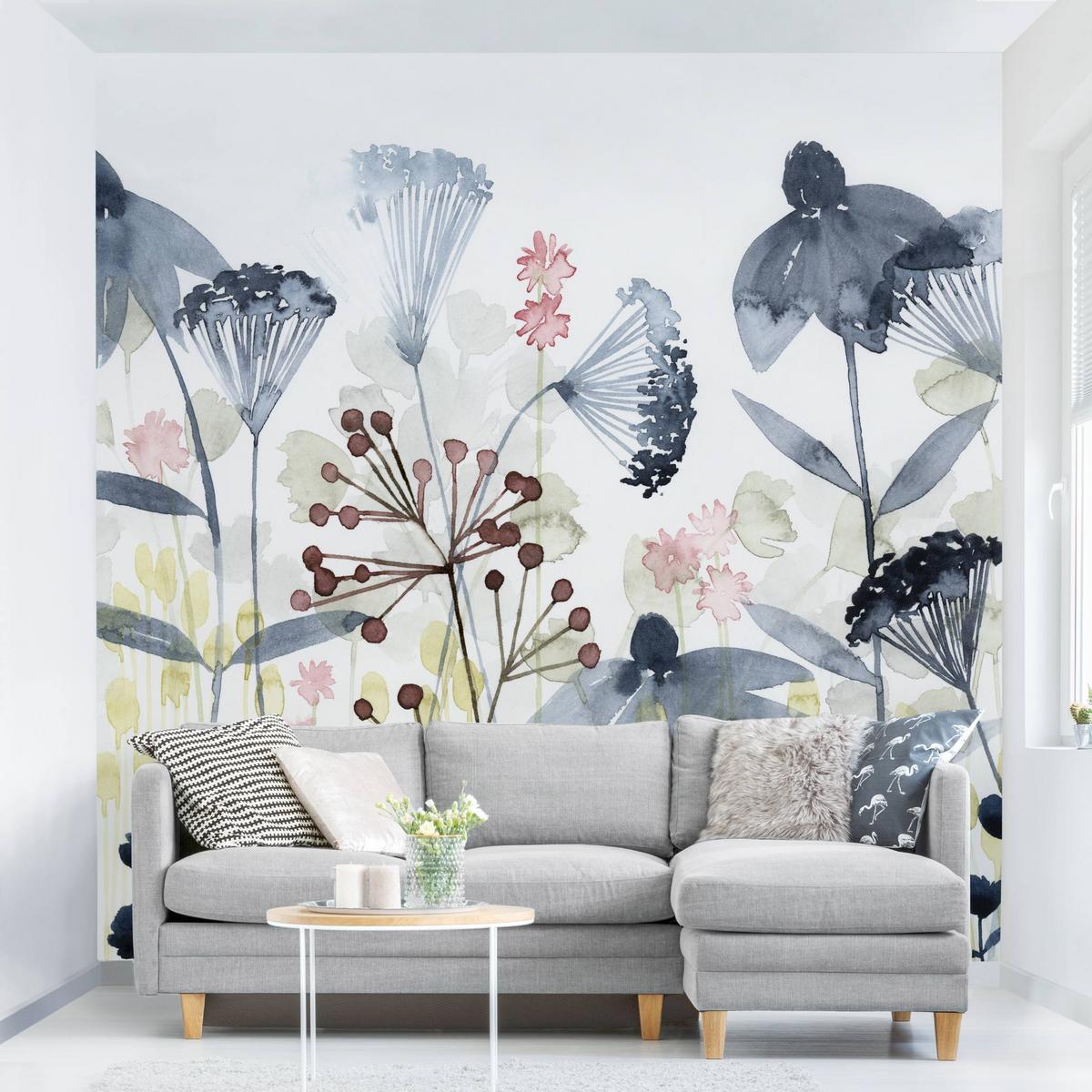 FOTOTAPETE Wildblumen Aquarell I 192/192 cm - Weiß, Papier (192/192cm) - Bilderwelten
