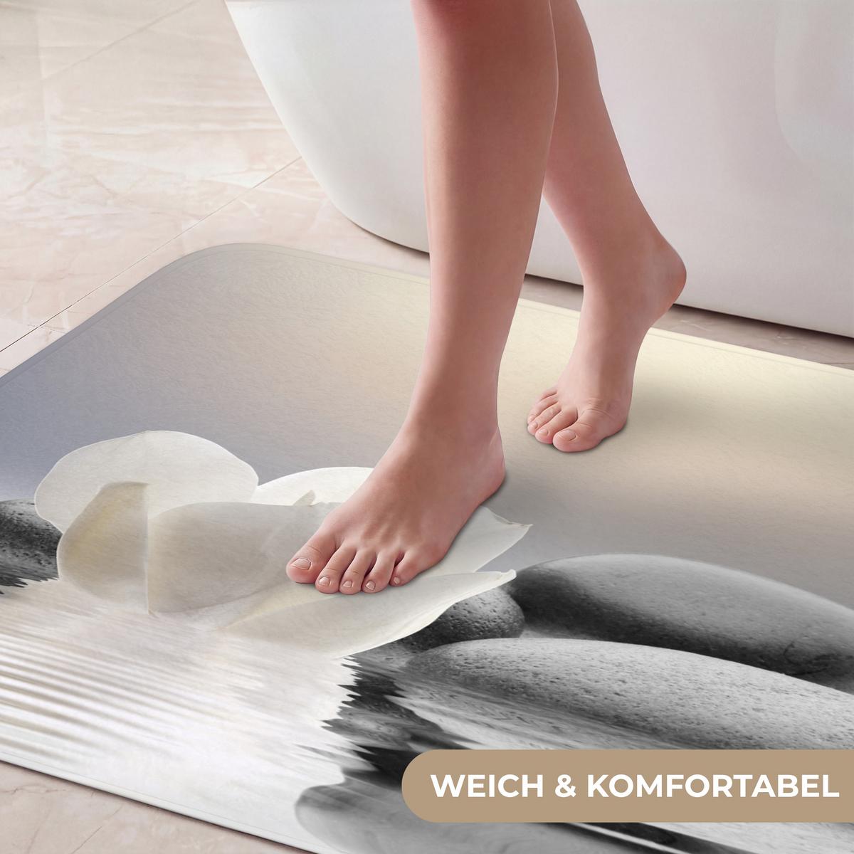 BADEMATTE Steine - Lotus - Weiß - Wasser - Zen 90x60 cm - Weiß, Textil (90/60cm) - OnlyWow