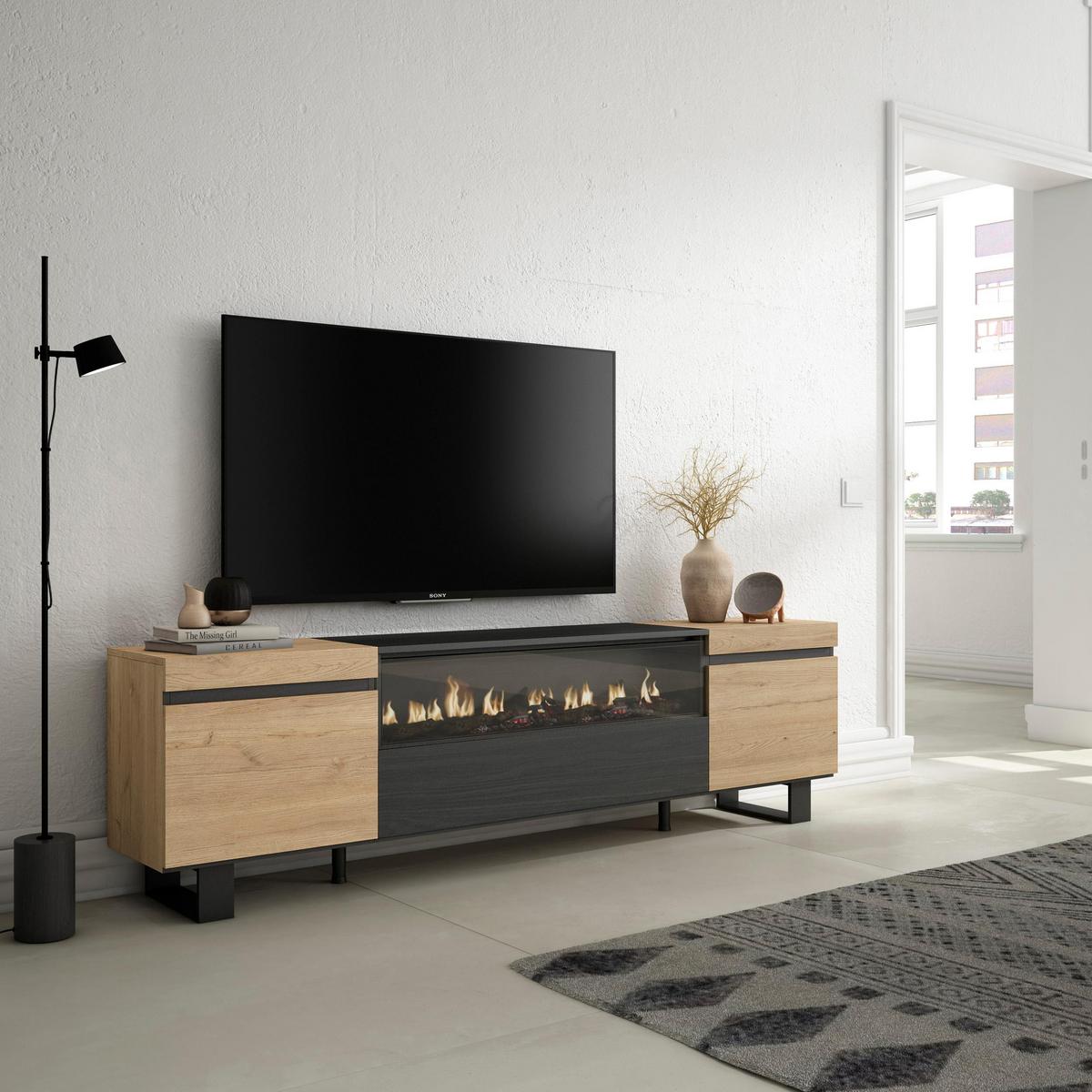 LOWBOARD mit Elektrokamin, Eiche, Schwarz, 200/35/57cm - Eichefarben/Naturfarben, Holzwerkstoff (200/57/35cm) - Skraut Home