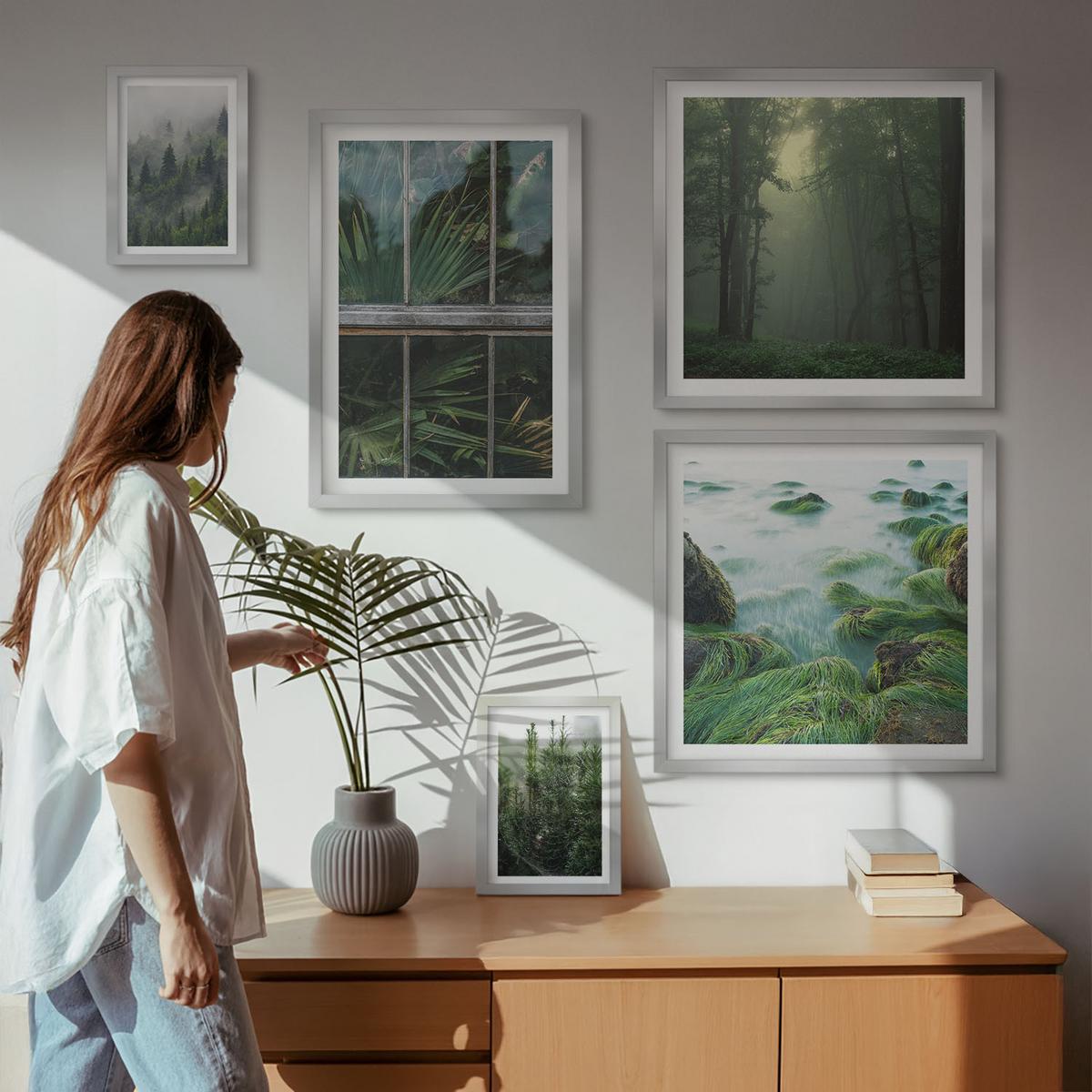 BILDER SET 5er Set - 50x50 cm & 20x30 cm & 40x60 cm Silberner Rahmen - Nahaufnahmen von Blättern sukkulenter Pflanzen - Silberfarben, Kunststoff (40/60cm) - TULUP