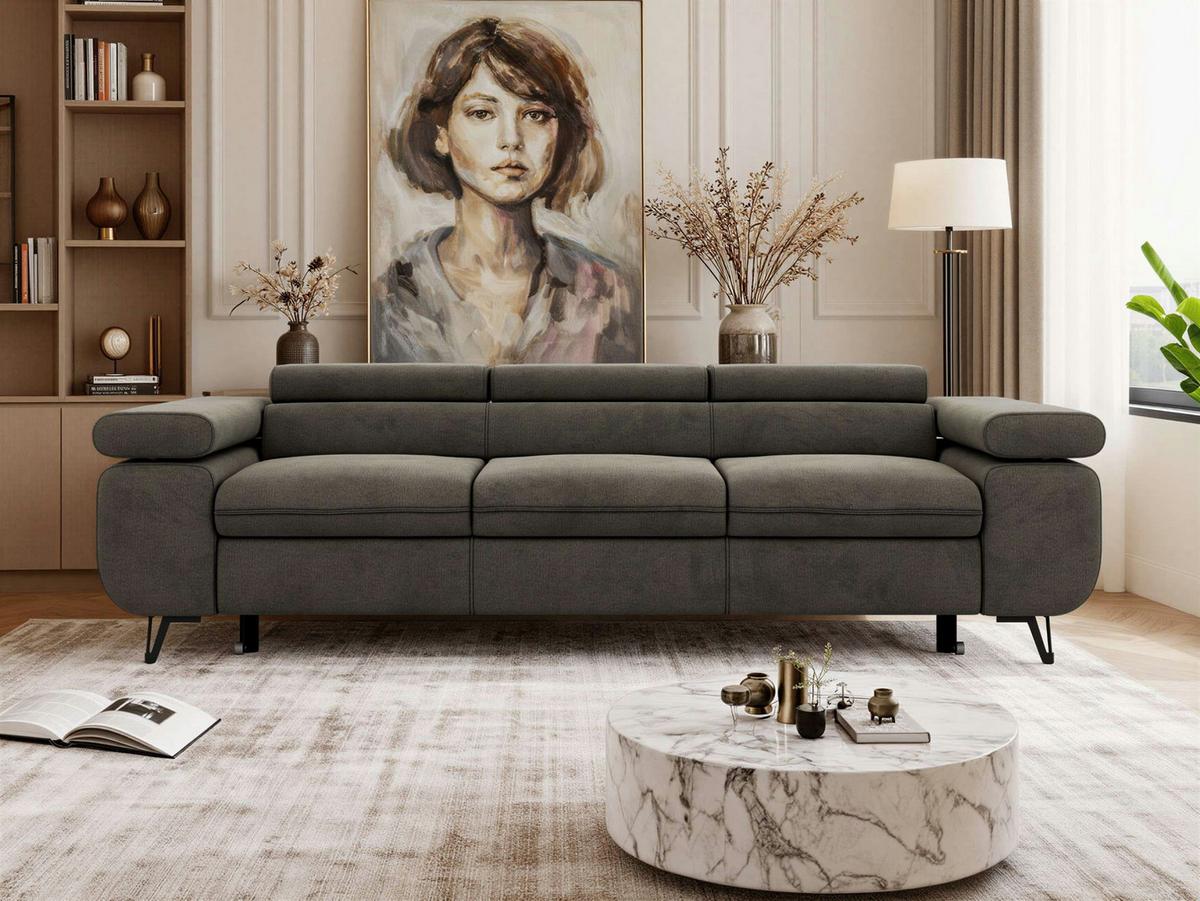 3-SITZER SOFA PETER mit Schlaffunktion - Dunkelgrau Velvet - Dunkelgrau/Schwarz, Textil/Metall (262/76/99cm) - MKS