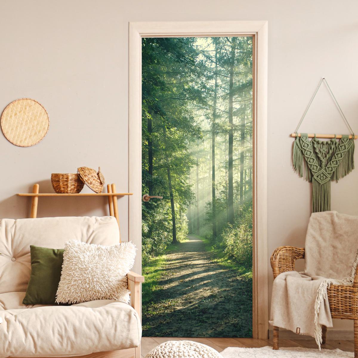 TÜRAUFKLEBER Wald - Weg - Sonne - Bäume - Grün - Natur 90x235 cm - Türtapete - Waldgrün, Kunststoff (90/0.1cm) - MuchoWow