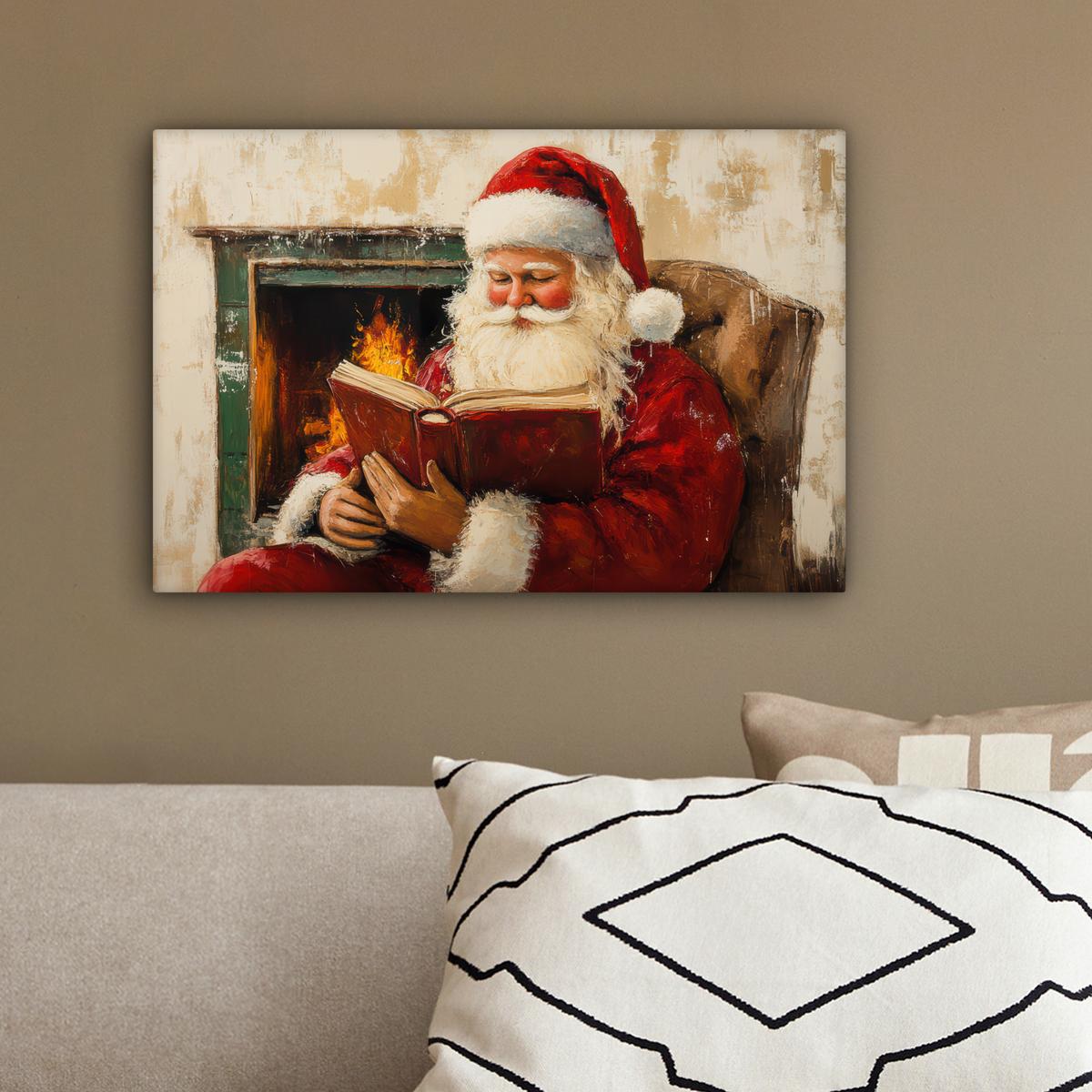 LEINWANDBILD Weihnachten - Weihnachtsmann - Winter - Open Fireside Deko Schlafzimmer 30x20 cm - Dunkelrot, Textil (30/20cm) - MuchoWow