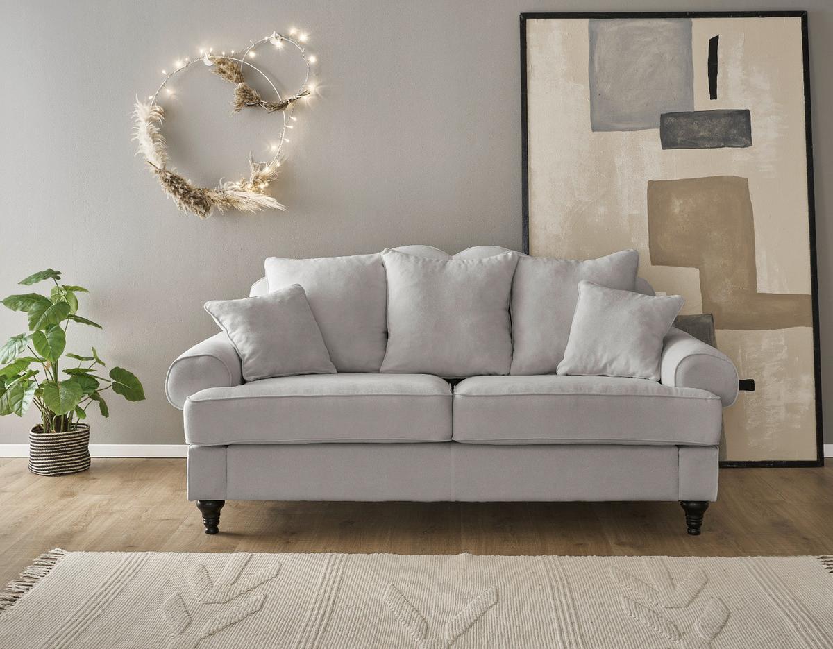 SOFA hellgrau Landhaus, Couch 3-Sitzer 200 cm - Hellgrau, Holz/Textil (200/95/100cm) - Furn.Design