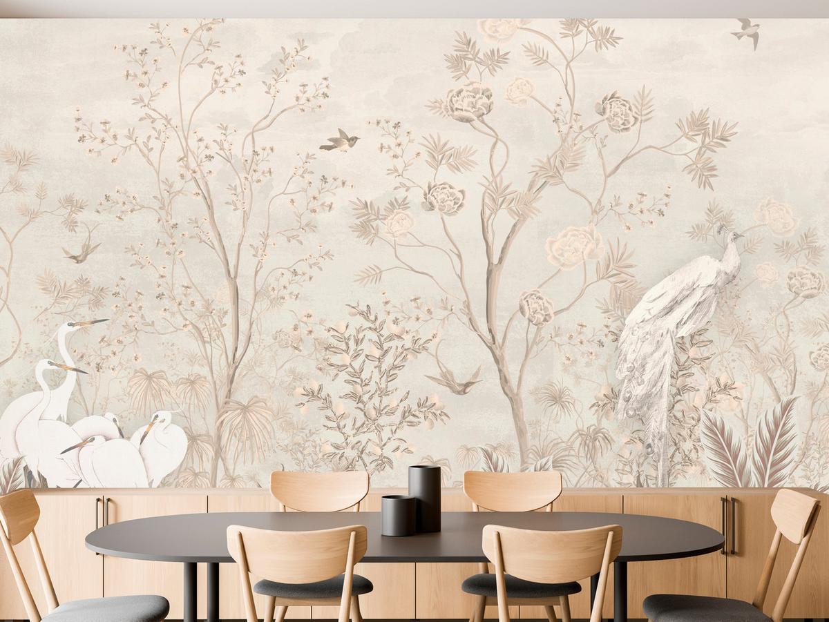 FOTOTAPETE für Esszimmer Weiße Vögel Bäumen Natur Kräne Blumen 200x140 - Beige, Papier (200/140cm) - Muralo
