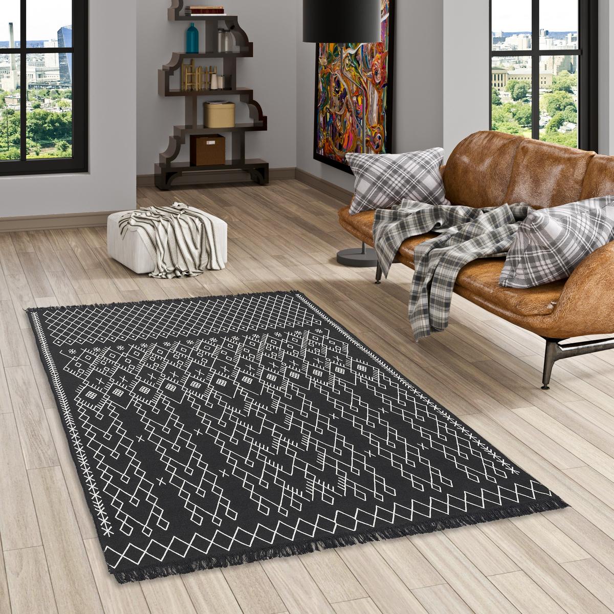 TEPPICH BEIDSEITIG ETHNO KELIM - Schwarz/Weiß, Textil (160/230cm) - Pergamon