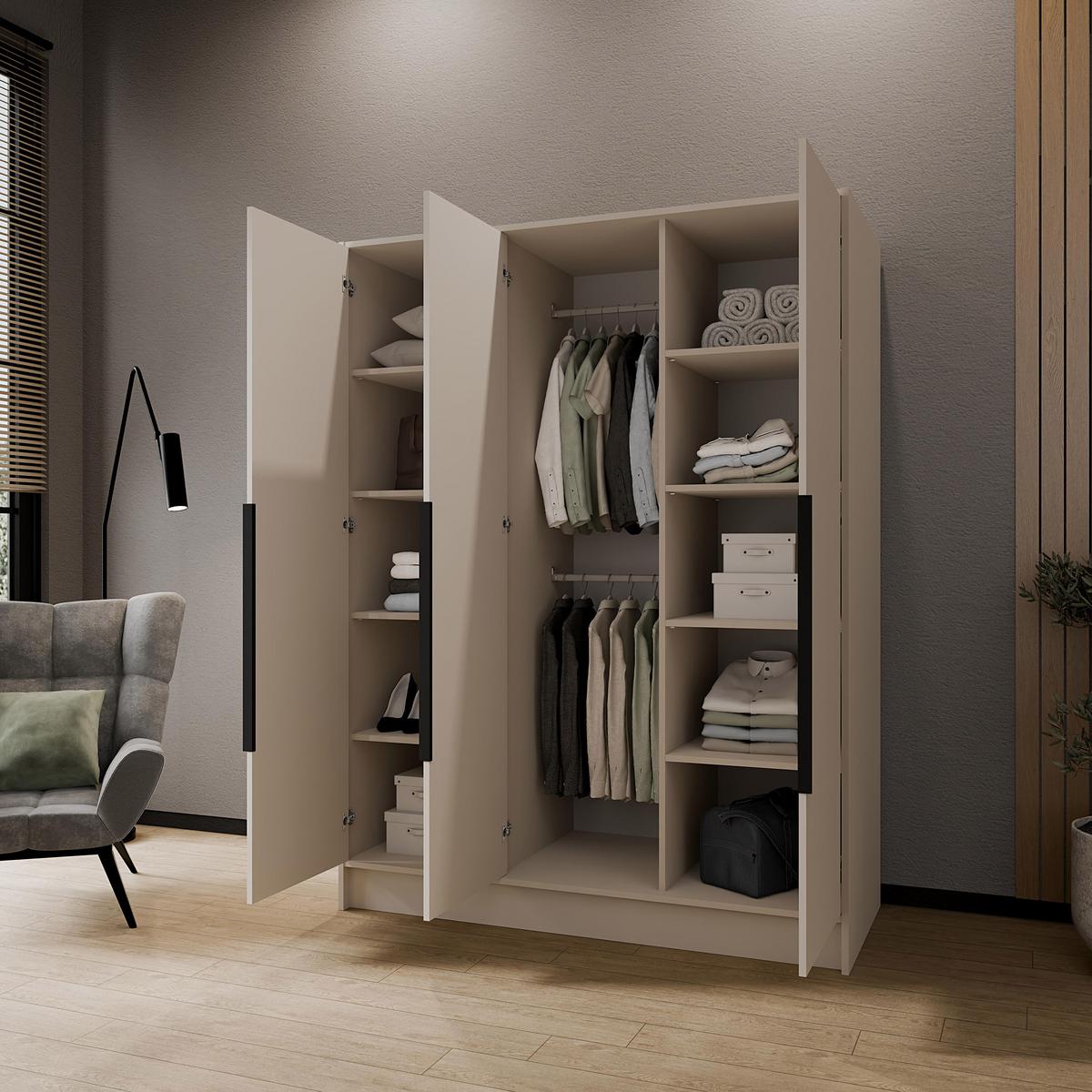 DREHTÜRENSCHRANK Laro mit Spiegel, Kaschmir mit mit schwarzen Griffen, 150 cm - Kaschmir, Holzwerkstoff (150/200/51cm) - Beautysofa