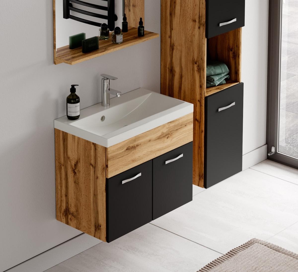BADMÖBEL-SET Montreal 4 Teile Eiche / Schwarz - 60 x 35 x 51 cm - Chromfarben/Eiche Wotan, Holz/Metall (60/51/35cm) - Badplaats