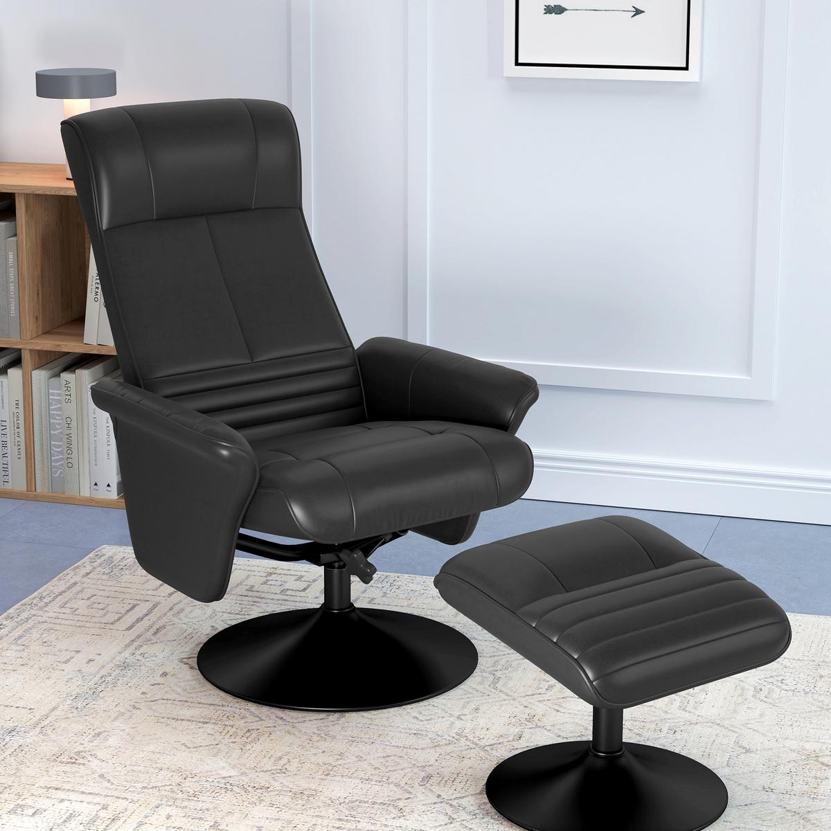 RELAXSESSEL mit Hocker Drehbarer Fernsehsessel mit Liegefunktion Mikrofasertuch - Schwarz, Textil/Metall (71/104/69cm) - HOMCOM