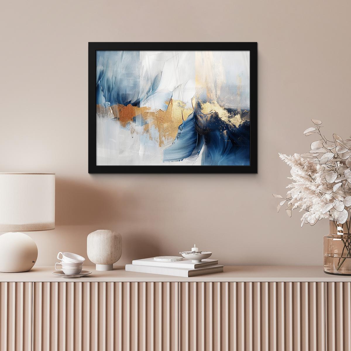 POSTER MIT RAHMENGERAHMTES BILD Gold - Blau - Aquarell - Kunst - Modern 40x30 cm - Hellblau, Papier (40/30cm) - MuchoWow