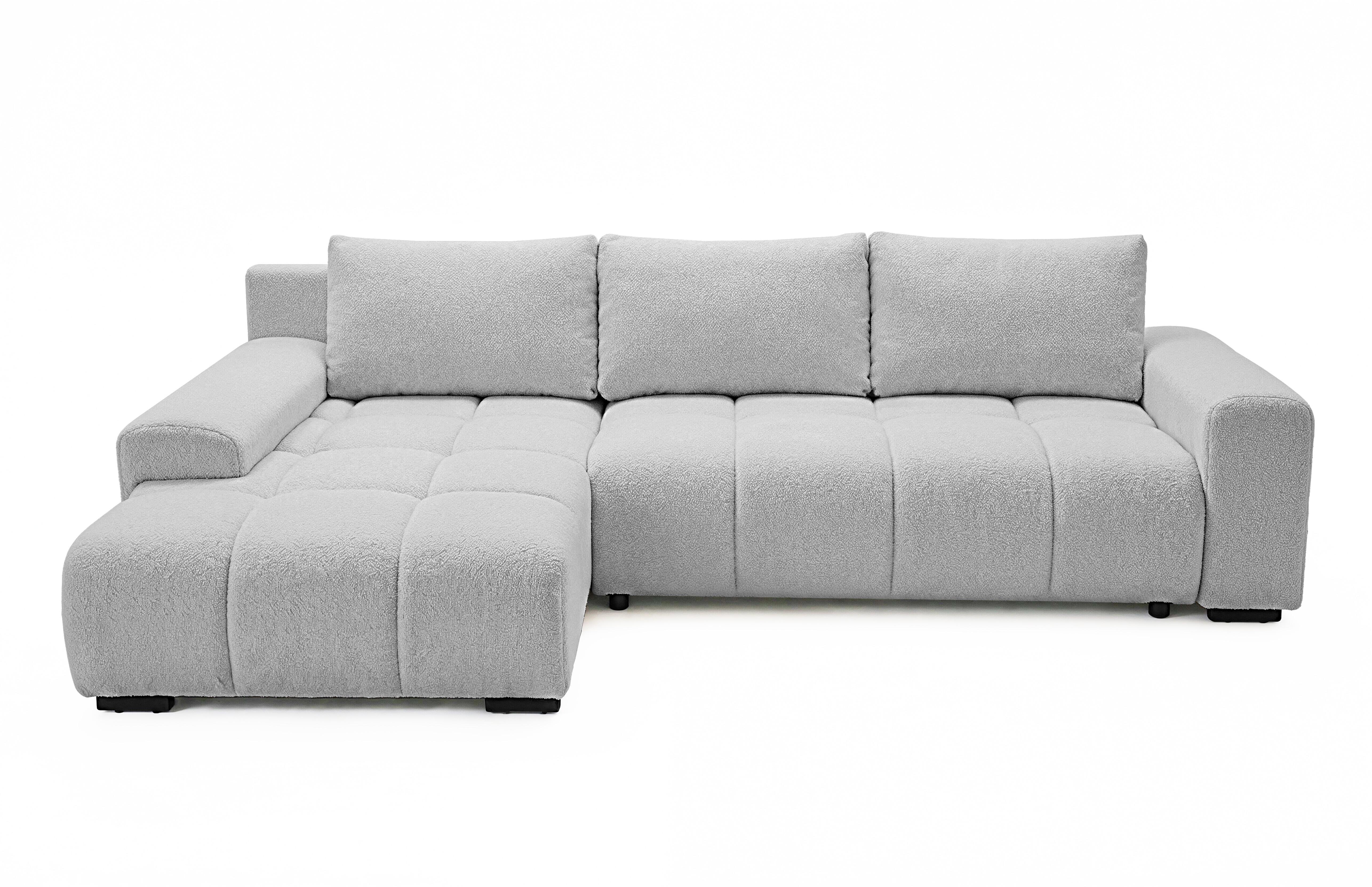 ECKSOFA Ovia mit Bettkasten und Schlaffunktion, Bouclé-Stoff in L-Form - Hellgrau, Textil (270/185cm)
