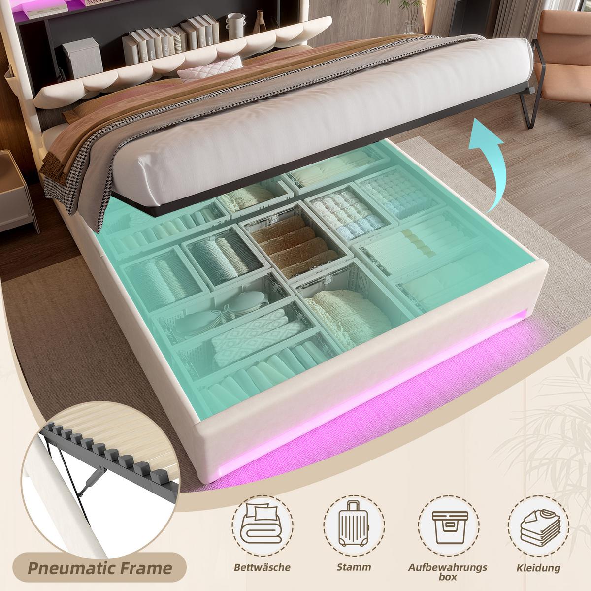 POLSTERBETT samt beige 160x200 cm mit led-beleuchtung, usb-c & stauraum-kopfteil - Beige, Textil (160/200cm) - Urban Meuble