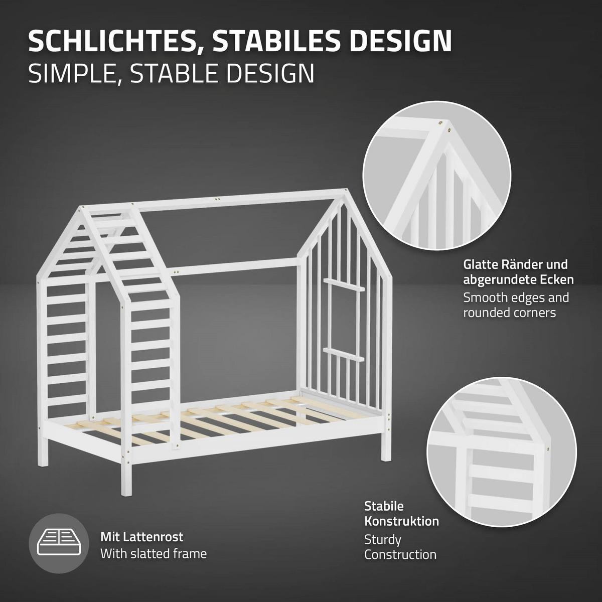 KINDERBETT 80x160 cm mit Matratze Lattenrost & Dach Hausbett aus massivem Kiefernholz Weiß - Weiß, Holz (80/160cm) - ML-DESIGN