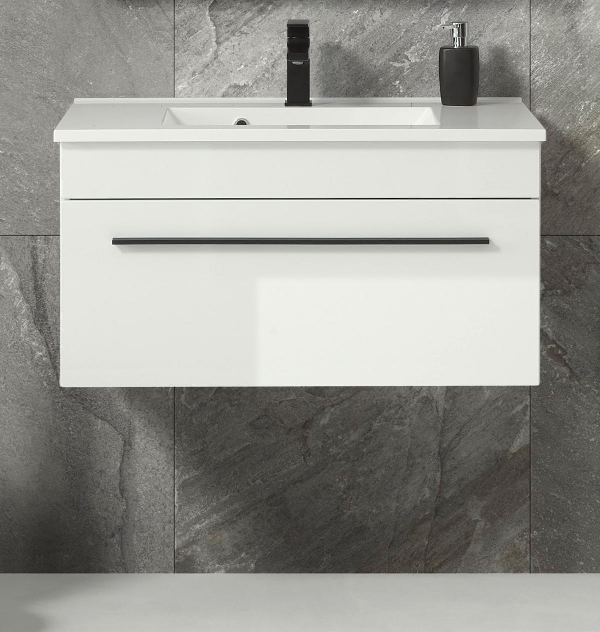 WASCHBECKENUNTERSCHRANK Waschbecken weiß Hochglanz, Waschtisch Set hängend, 80 x 43 cm - Weiß Hochglanz/Schwarz, Holzwerkstoff/Kunststoff (80/45/47cm) - Furn.Design