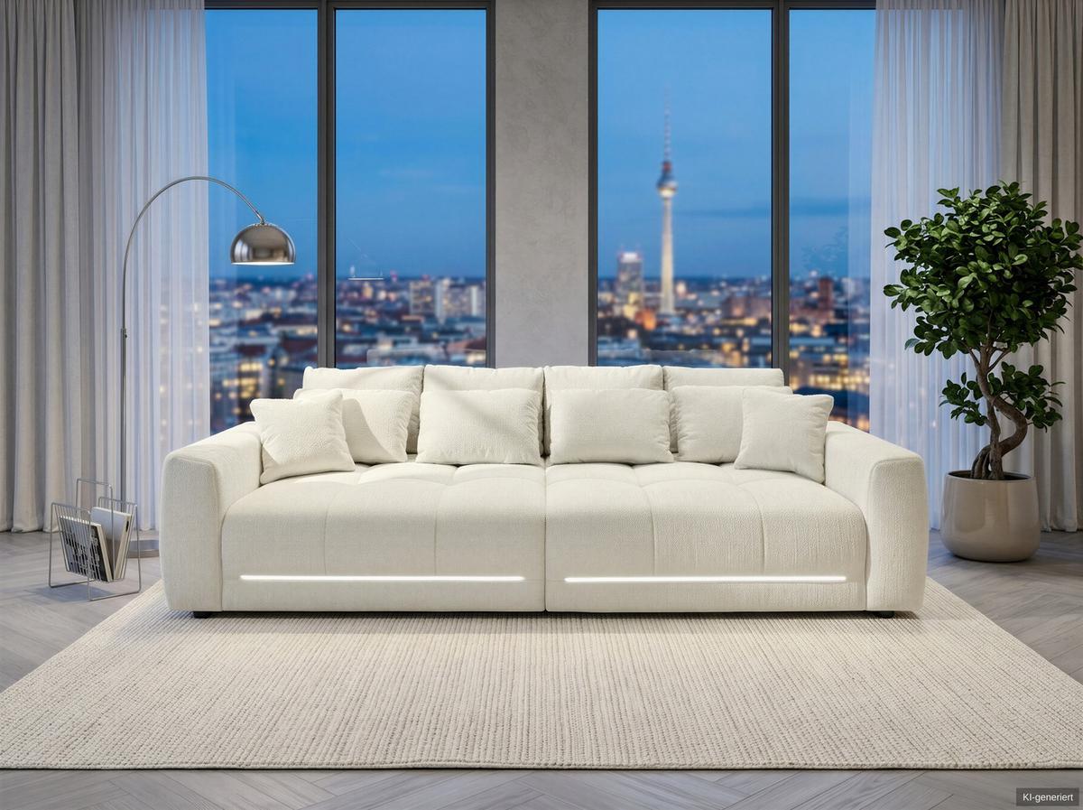 BIG-SOFA Federkern B294/T136/H86 cm, RGB-LED-Beleuchtung mit Fernbedienung, Chenille-Bezug in Beige / 15418 - Beige/Schwarz, Kunststoff/Textil (294/86/136cm) - luma-home