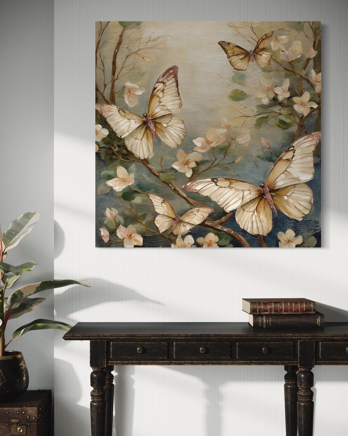 WANDBILD schmetterling blumen aquarell - Beige, Textil (40/40cm) - Feeby