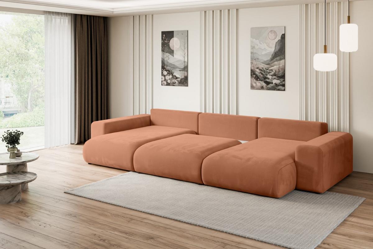 WOHNLANDSCHAFT mit Schlaffunktion ESKAR-U -364x176x84cm Koralle Velours - Koralle/Schwarz, Holzwerkstoff/Kunststoff (364/72/176cm) - ALTDECOR