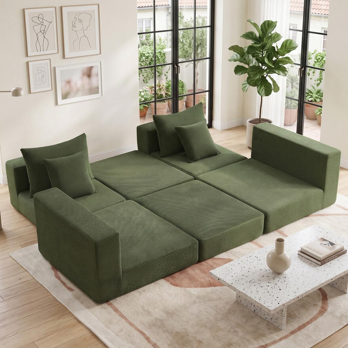 3-SITZER SOFA Modulares Cord Grün ohne Montage - Grün, Kunststoff (259.5/96cm) - Urban Meuble