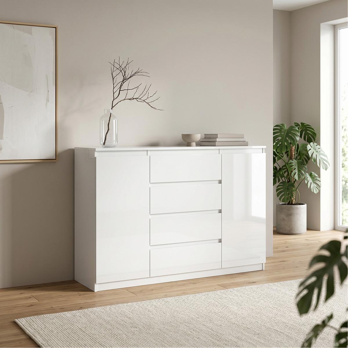 KOMMODE NUDO 138,5/101,5/39cm mit 4 Schubladen 2 Türen Weiß - Weiß Hochglanz/Weiß, Holzwerkstoff (138.5/101.5/39cm) - MASSENO