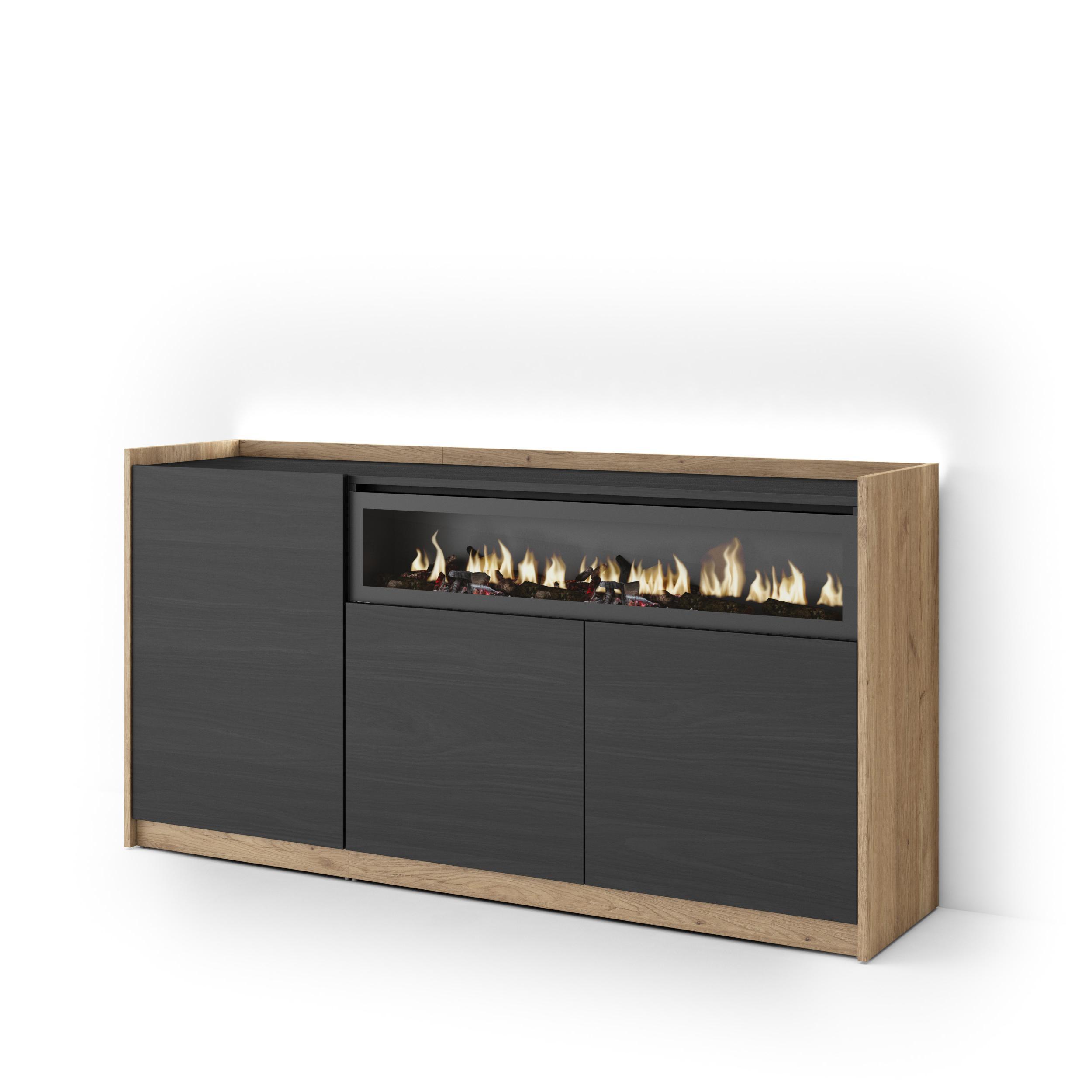 SIDEBOARD, Schwarz und Eiche, 156/37/80cm, Kamin mit Feuereffekt - Schwarz, Holzwerkstoff (156/80/37cm) - Skraut Home