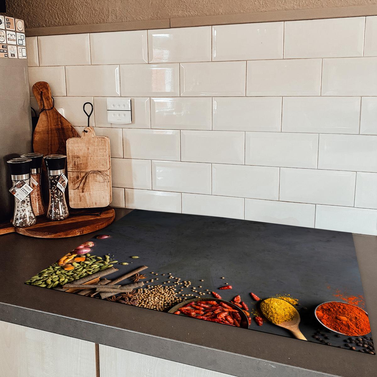 HERDABDECKPLATTE Kräuter - Lebensmittel - Gewürze - Schwarz - Paprika - Zimt Herdabdeckung Induktionsfeld 75x52 cm - Currygelb, Kunststoff (75/52/0.2cm) - MuchoWow