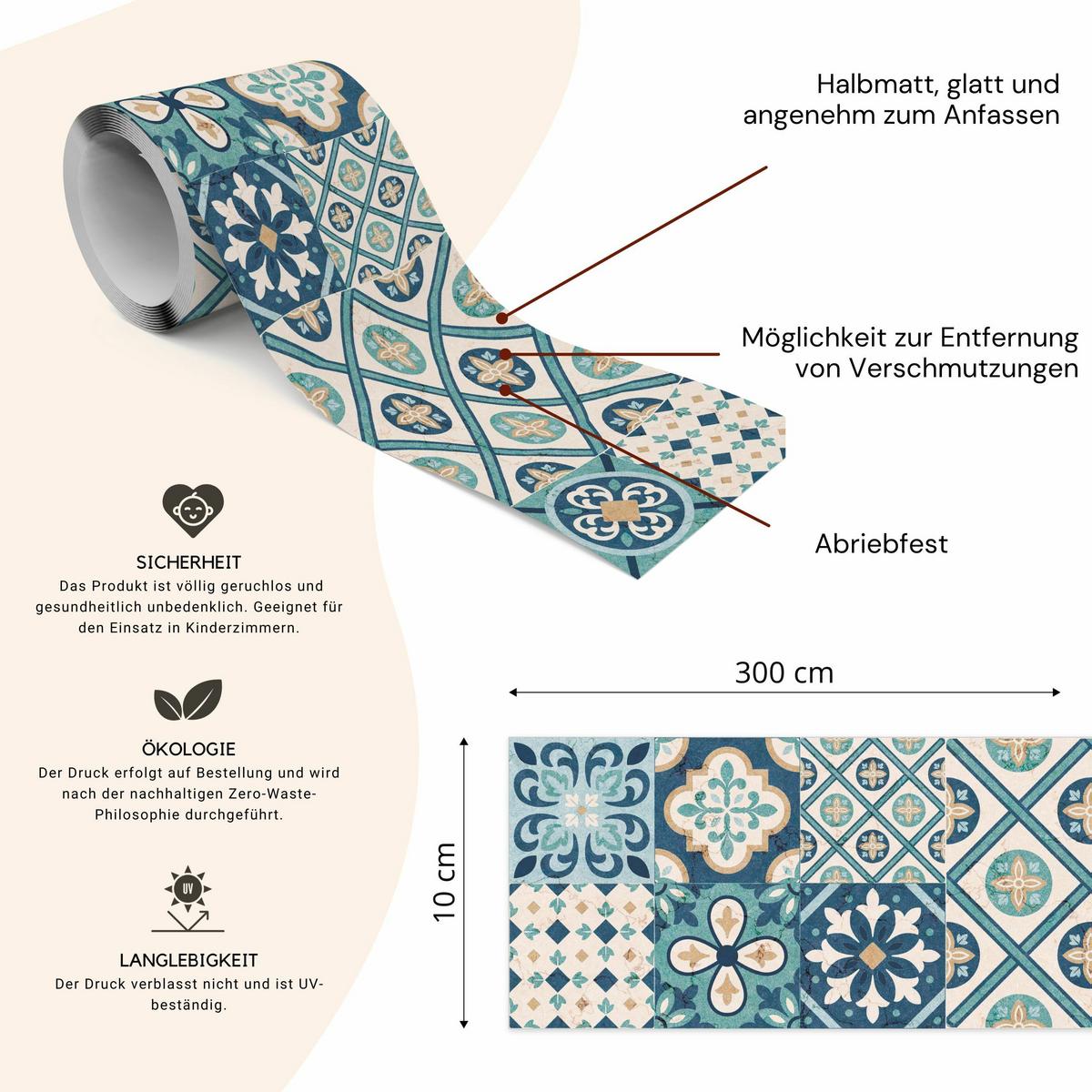 TAPETENBORDÜRE selbstklebend Marokkanisches Mosaik Moderne Muster - Blau/Beige, Papier (10/300/300cm) - Muralo