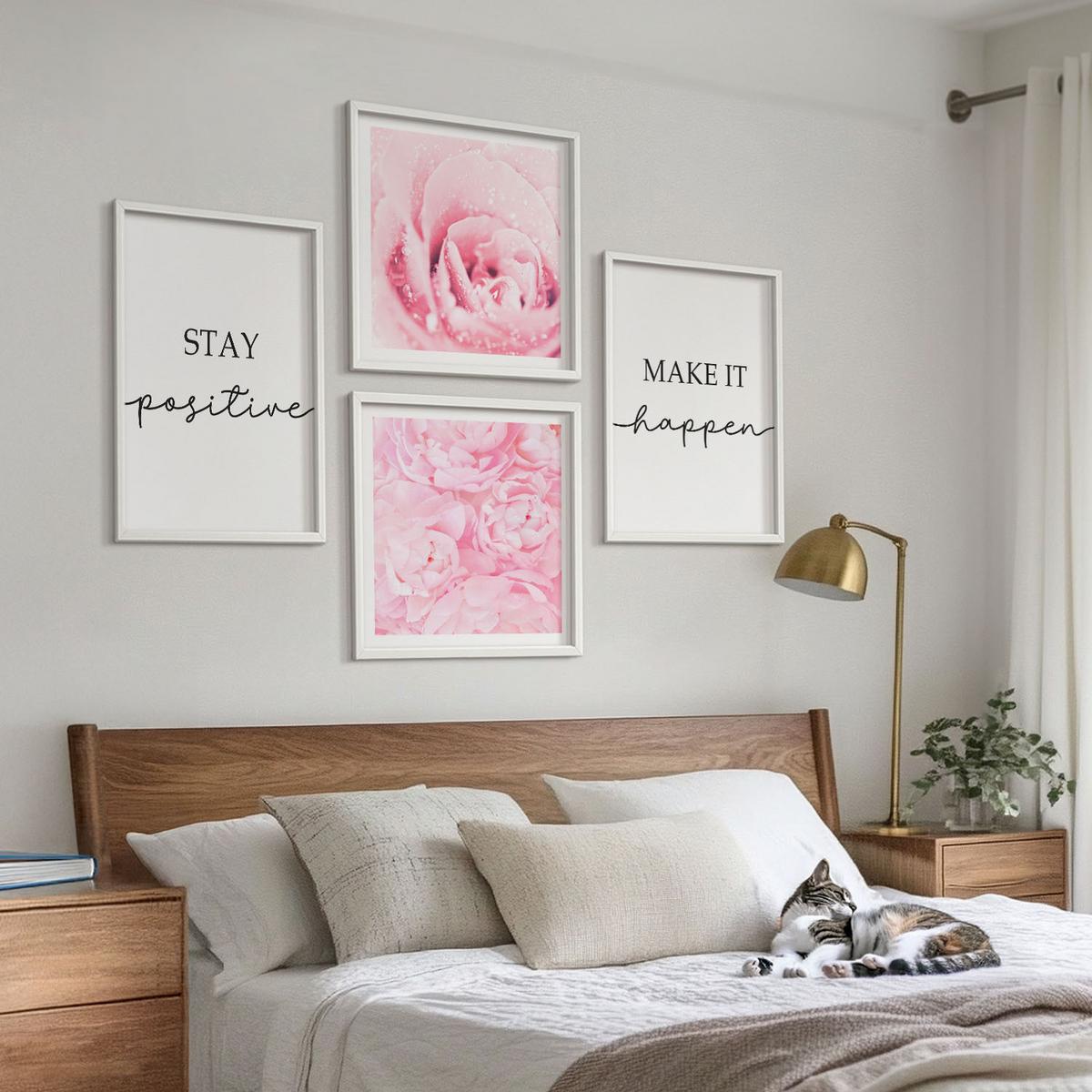 BILDER SET 4er Set - 50x50 cm & 40x60 cm Weißer Rahmen - Minimalistische rosa Blüten - Weiß, Kunststoff (50/50cm) - TULUP