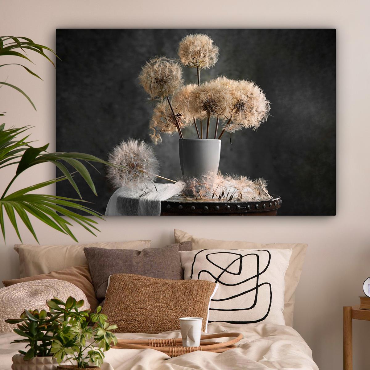 LEINWANDBILD Blumensamen - Löwenzahn - Vase - Stilleben - Blumenstrauß Wohnzimmer Groß 120x80 cm - Dunkelgrau, Textil (120/80cm) - MuchoWow