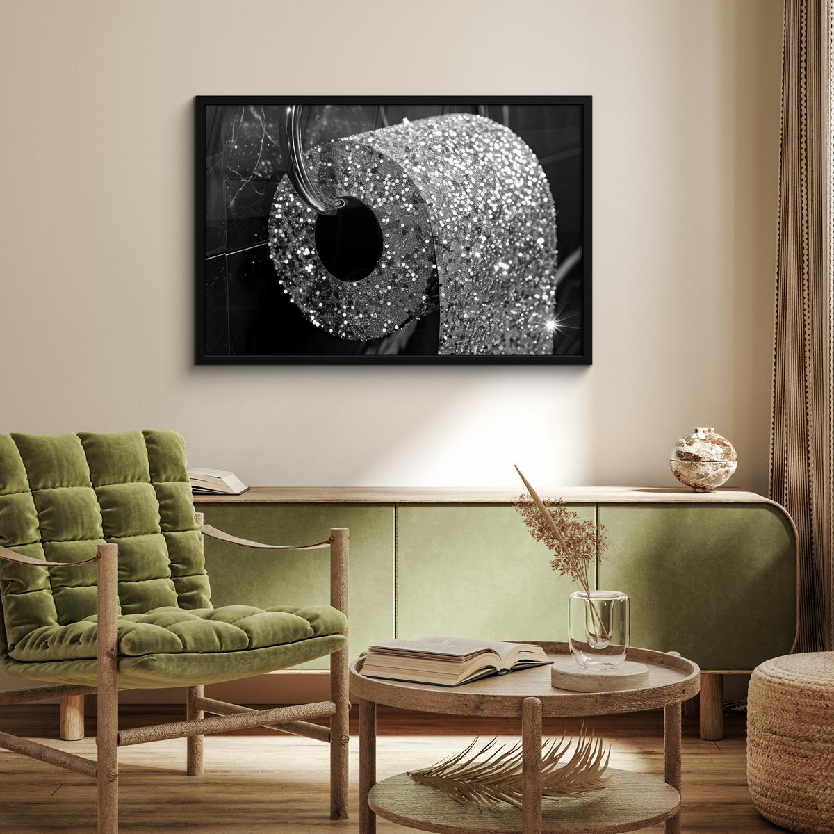 POSTER MIT RAHMENGERAHMTES BILD WC - Toilettenpapier - Schwarz und weiß - Glitter 90x60 cm - Silberfarben, Papier (90/60cm) - MuchoWow