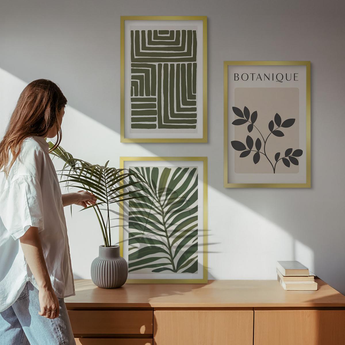 BILDER SET 3er Set - 40x60 cm Goldrahmen - Botanischer Boho-Minimalismus - Goldfarben, Kunststoff (40/60cm) - TULUP