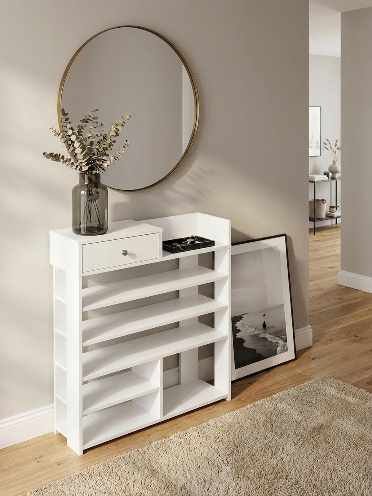 SCHUHREGAL – Weiß, 75x92,5x24 cm, 7 Fächer, mit Schublade, kompakt - Weiß, Holz/Metall (75/93/24cm) - KADIMA DESIGN