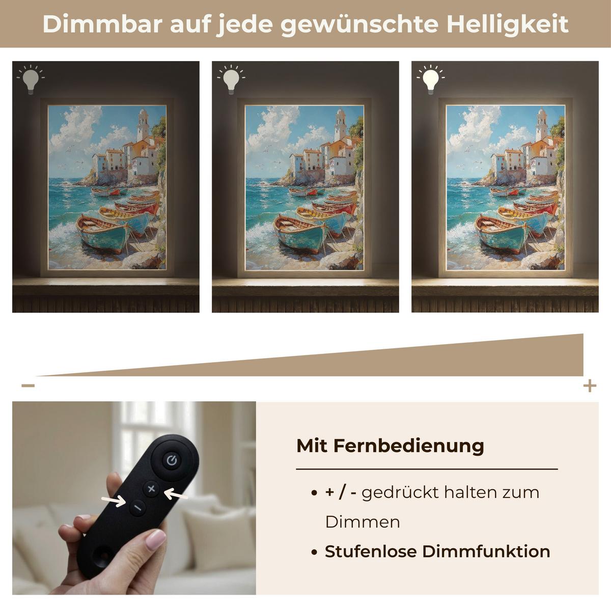 WANDLEUCHTE MIT AKKU Boote - Felsen - Meer - Sonne 30x40 cm - Blau, Holzwerkstoff (30/40/8cm) - OnlyWow