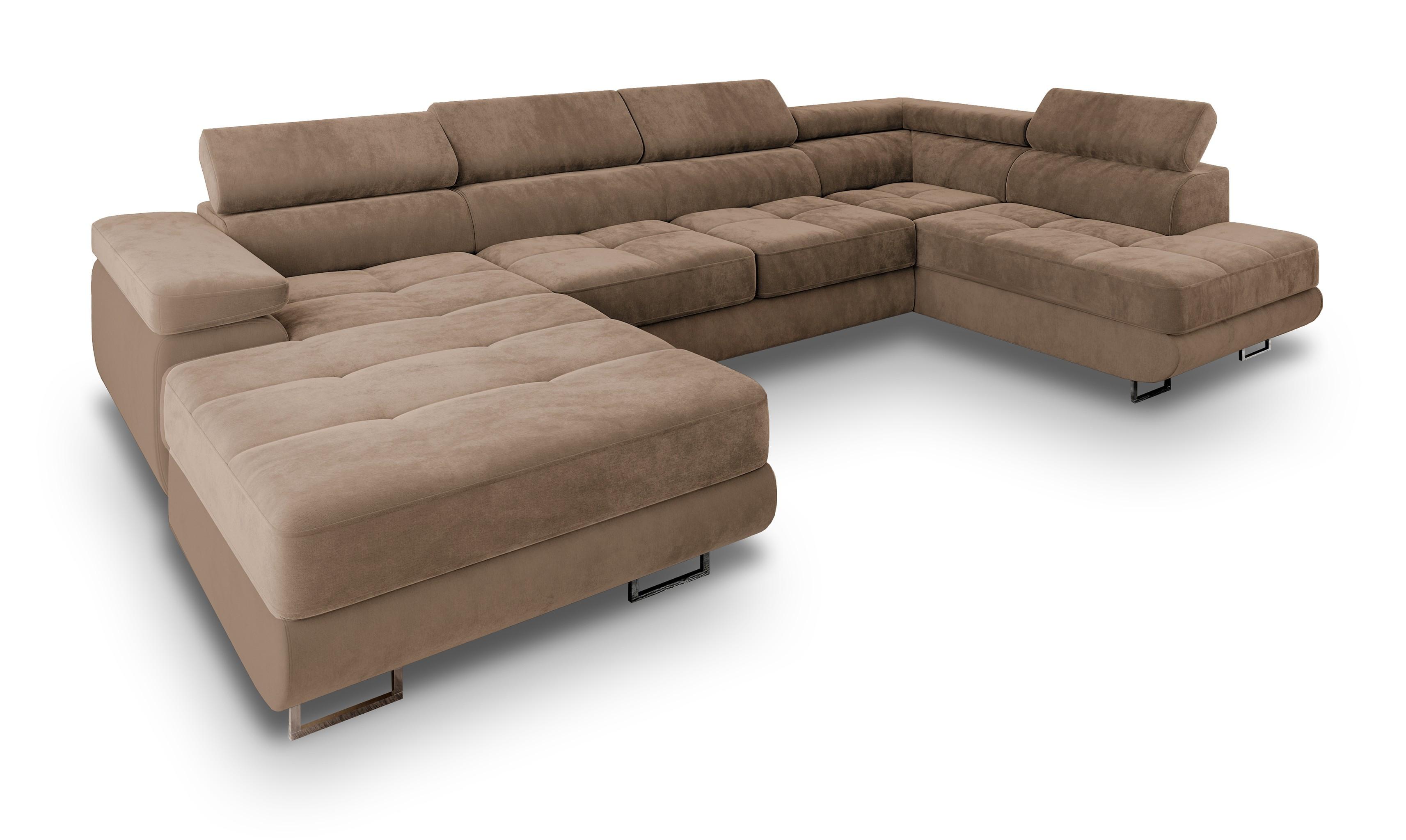 WOHNLANDSCHAFT CASONE R-S Beige Velours-Stoff mit Schlaffunktion - Beige/Silberfarben, Holz/Textil (345/90/202cm) - MASSENO