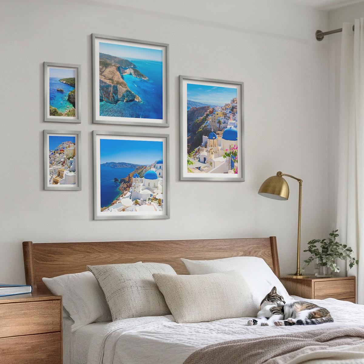 BILDER SET 5er Set - 50x50 cm & 20x30 cm & 40x60 cm Silberner Rahmen - Architekturlandschaft Oia Santorin Griechenland - Silberfarben, Kunststoff (40/60cm) - TULUP