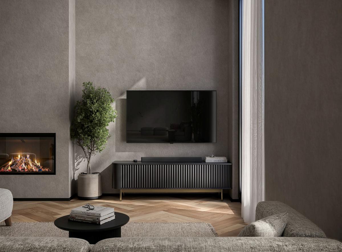 TV-LOWBOARD Aurora Schwarz matt 140 cm mit goldenem Metallrahmen - Goldfarben/Schwarz, Holzwerkstoff/Metall (140/44/35cm) - Meble Lindner