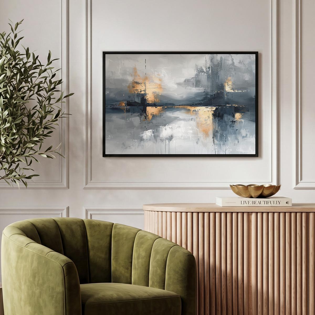 LEINWAND Bilder mit Rahmen - Kunst - Grau - Gold - Abstrakt - 60x40 - Dunkelgrau, Textil (60/40cm) - MuchoWow