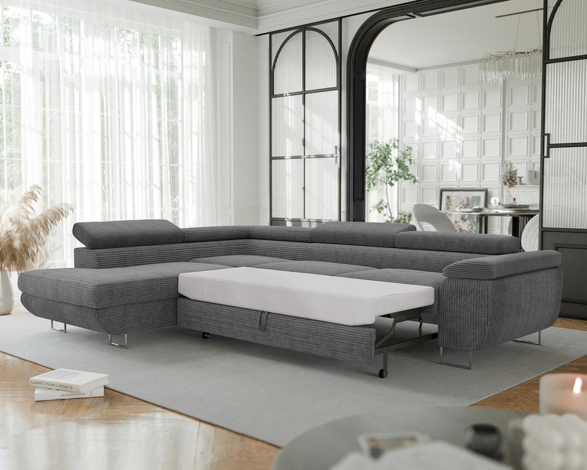 ECKSOFA ANTON links, mit Schlaffunktion und Bettkasten Grau - Chromfarben/Grau, Textil/Metall (274/203cm) - Idohome