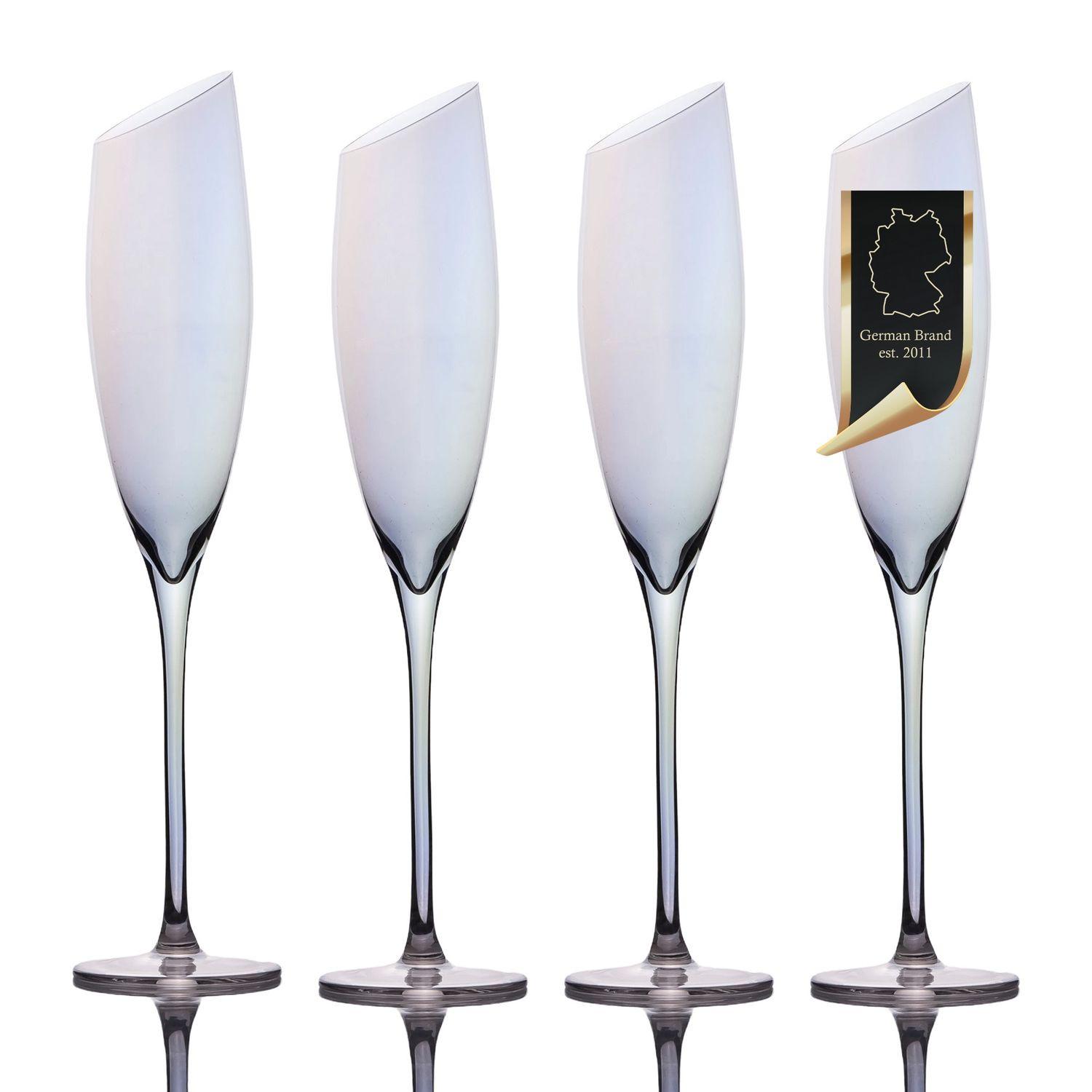 CHAMPAGNER/SEKT Glas mit moderner Kante Regenbogen Schimmer 150 ml (4er-Set) - Transparent, Glas (0.15L) - Intirilife