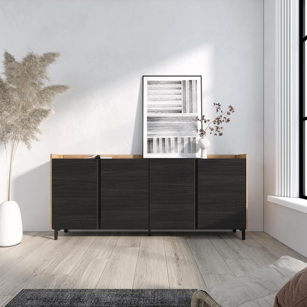 SIDEBOARD, Schwarz und Eiche, 207/35/91cm, mit Beinen - Schwarz, Holzwerkstoff (207/91/35cm) - Skraut Home