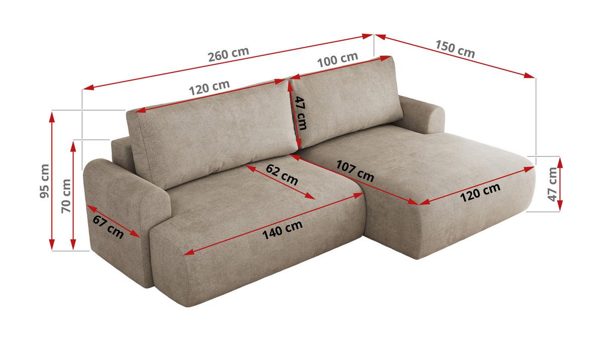 ECKSCHLAFSOFA TONO L Beige Struktur - links - Beige/Schwarz, Kunststoff/Textil (260/150cm) - MKS