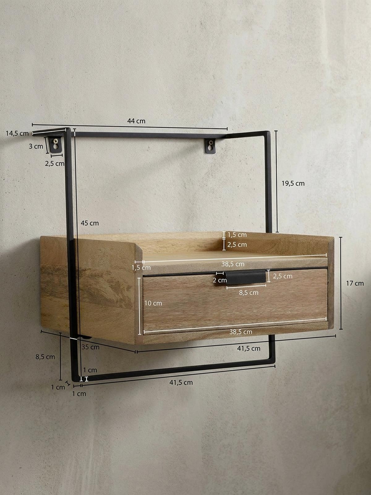 NACHTTISCH Mango Massivholz Wandmontage Schublade Boxspringbett, Beige 44x35x45 cm - Beige/Schwarz, Holz/Metall (44/45/35cm) - KADIMA DESIGN