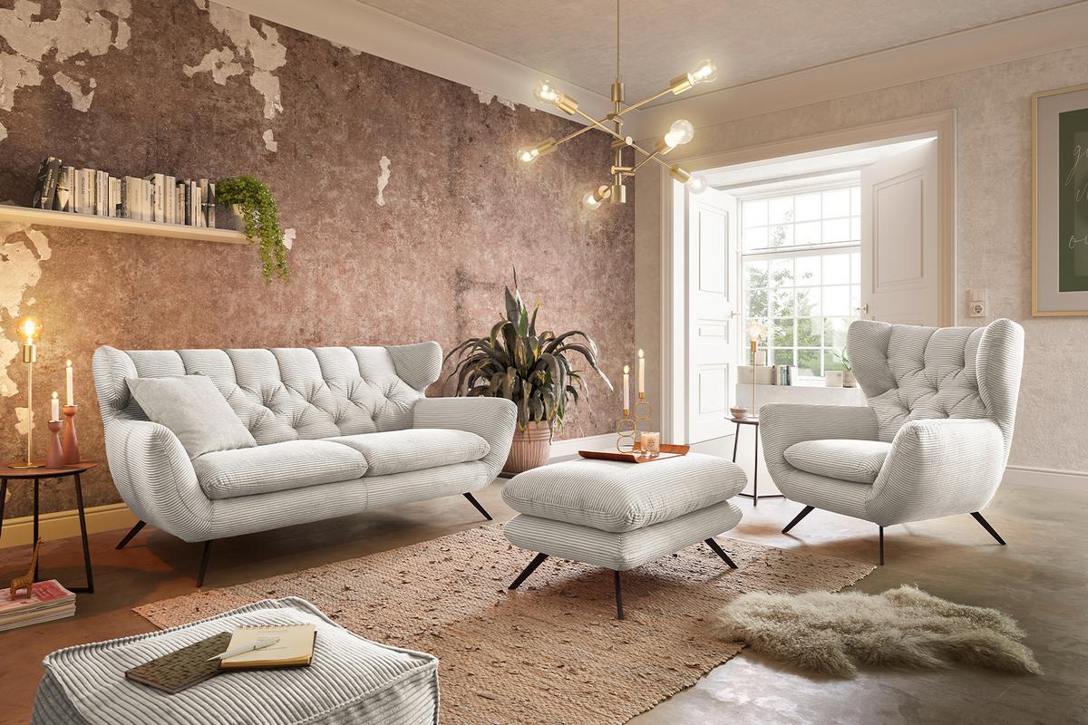 SITZGRUPPE CHARME Cremeweiß Cord - Creme, Textil (175/94/95cm) - KAWOLA