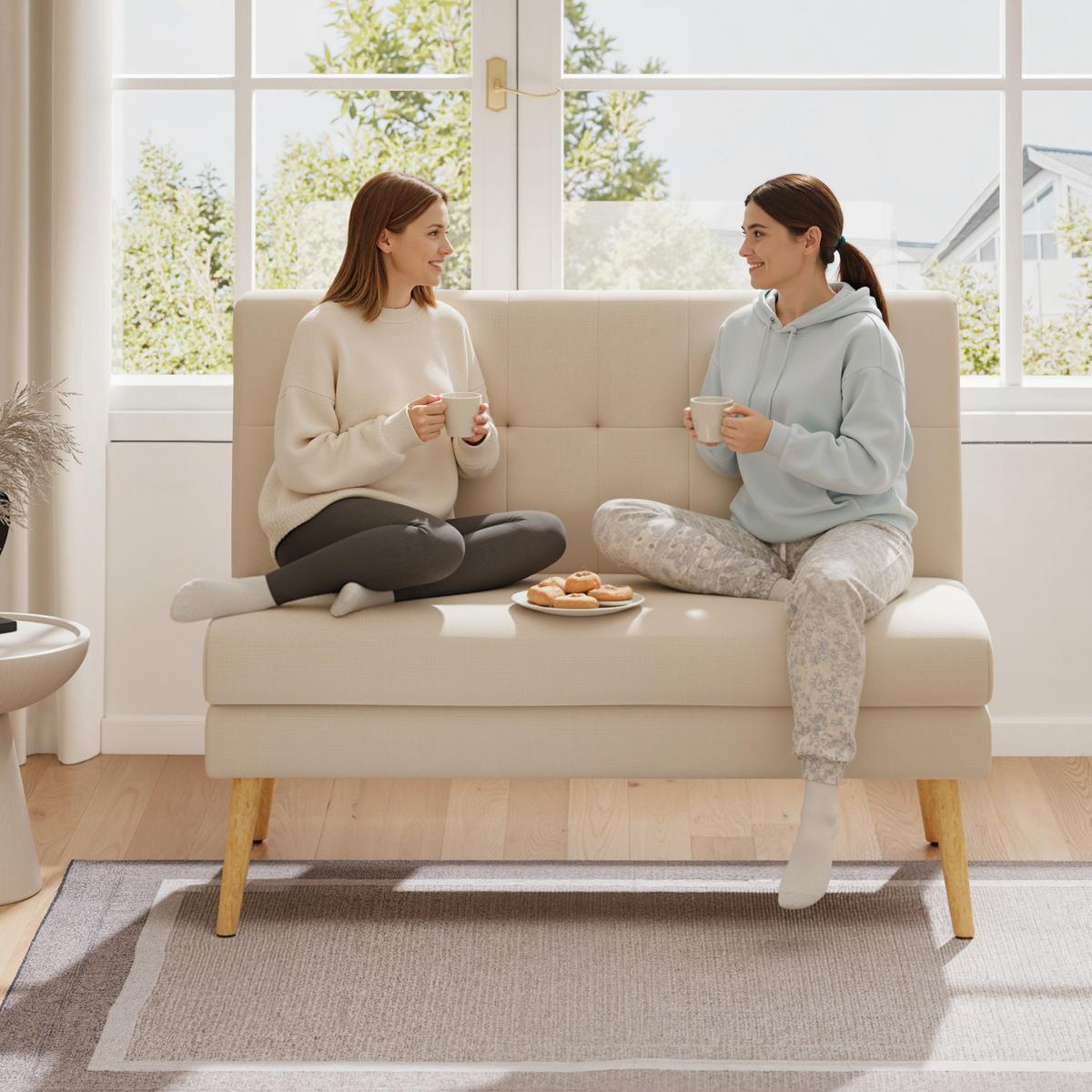 SOFA 2 Sitzer Couch mit Leinenoptik, Getuftete Rückenlehne, Beige - Beige/Naturfarben, Holz/Textil (68/90/118cm) - HOMCOM