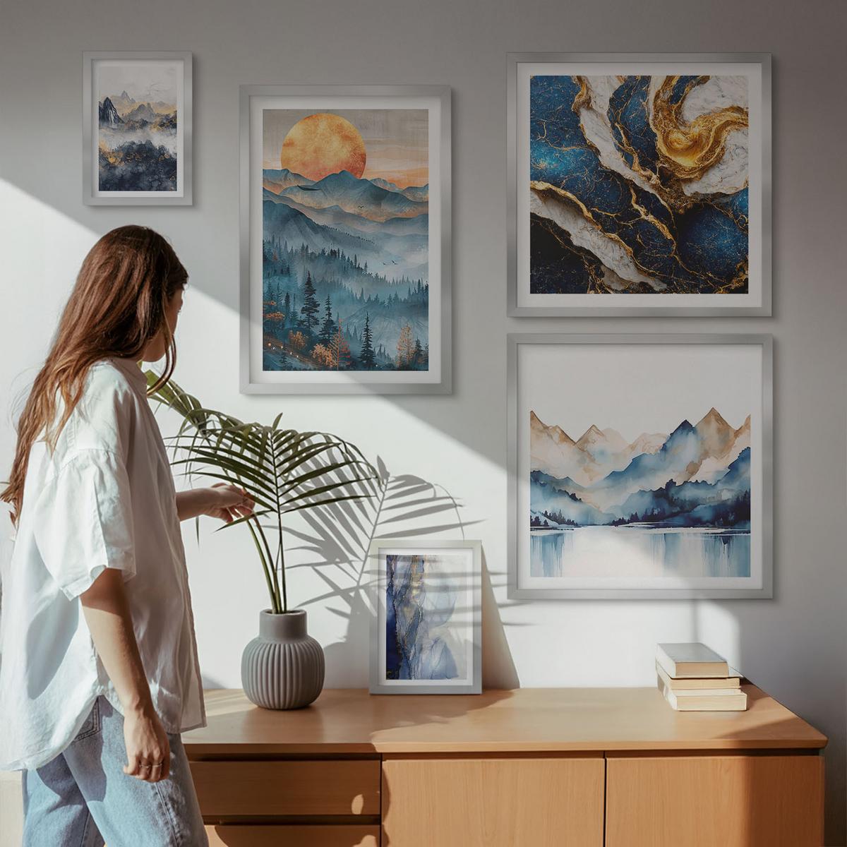 BILDER SET 5er Set - 50x50 cm & 20x30 cm & 40x60 cm Silberner Rahmen - Blaue Berglandschaften - Silberfarben, Kunststoff (40/60cm) - TULUP
