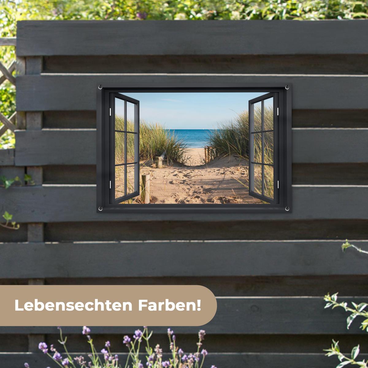 GARTENPOSTER Durchblick - Strand - Meer - Sand - Wasser - Strandhafer - Dünen Gartendeko 90x60 cm - Sandfarben, Kunststoff (90/60/0.2cm) - OnlyWow