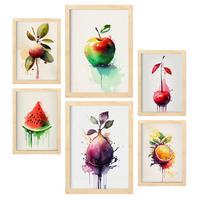 POSTER Set Mit 6 Regenbogenfrüchte Plakate Von Obst Gemüse & Gesunden Lebensmitteln Im Aquarell Kunst Auf Reinweißen A3 & A4 Rahmen Aus Hellem Holz - Beige, Papier (29/3cm) - Nacnic